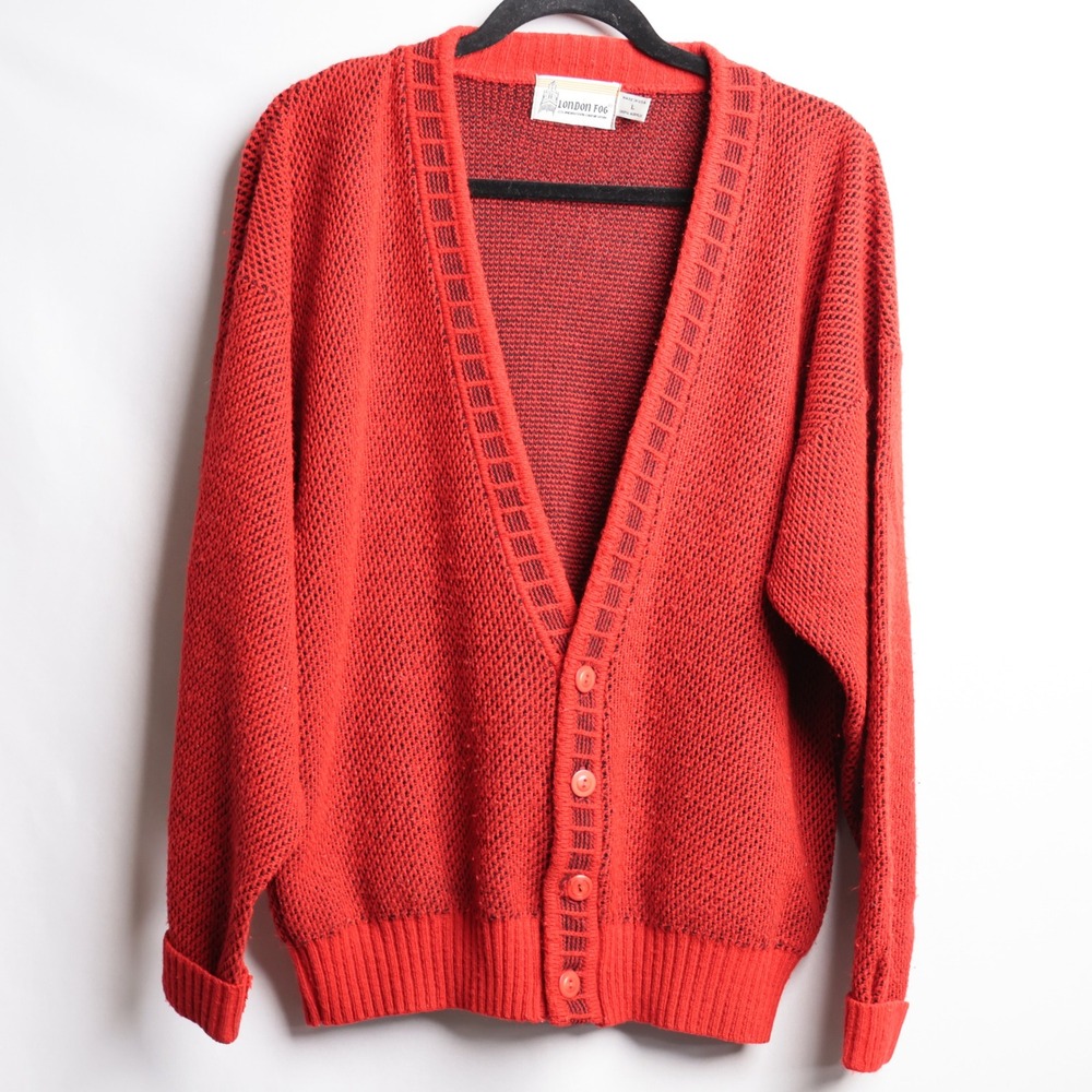 London Fog Cardigan Sweater Mens Large Red‎ Excellent Vintage 90s Knit USA Made